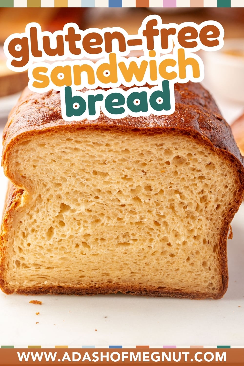 A slice of gluten-free sandwich bread with a text overlay reading gluten-free sandwich bread and the website URL at the bottom.