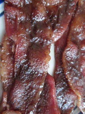 A closeup of candied bacon. 